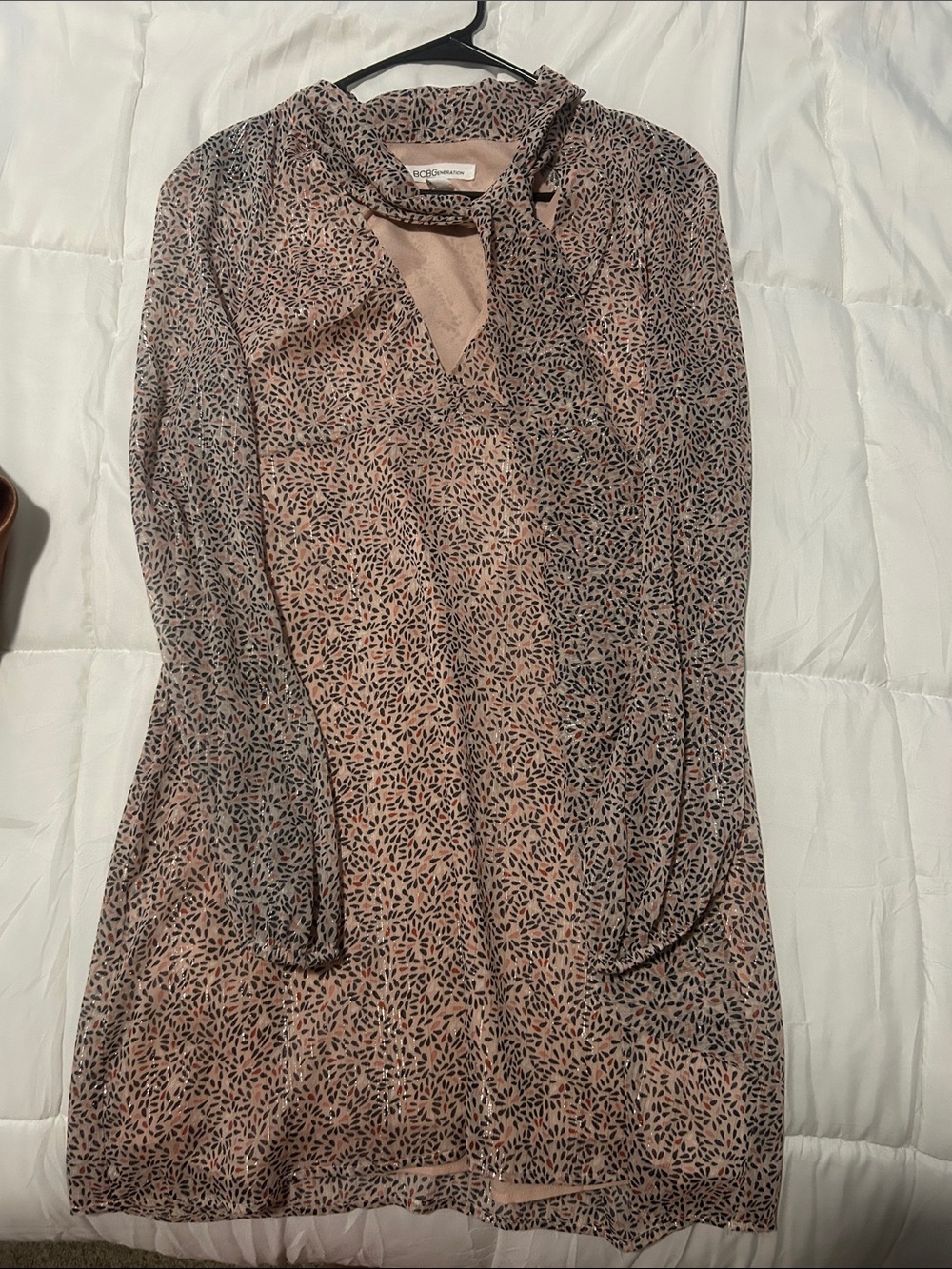BCBGeneration Pink and Black Sheer Long-Sleeve Tie-Neck Dress